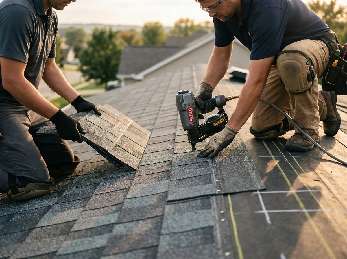 Professional roofer working on a residential roof in Bluffton